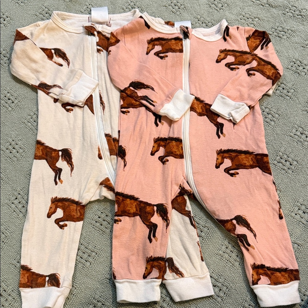 TWIN SET Baby Zip Romper Set with Horse Print - Pink & Cream